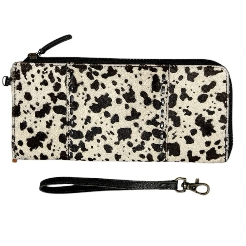 MYRA BAG Cowhide Hair On Hide Wristlet Wallet Brown Ivory Spotted Western Boho - Picture 3 of 7